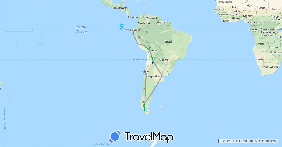 TravelMap itinerary: driving, bus, plane, hiking, boat in Argentina, Bolivia, Chile, Ecuador, Peru (South America)